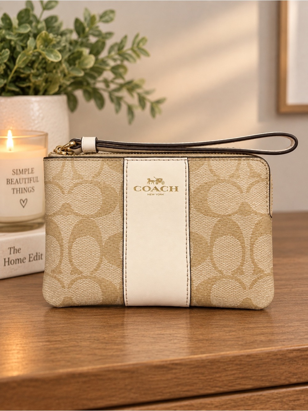 Coach Corner Zip Wristlet In Signature Tan Canvas With White Stripe EUC